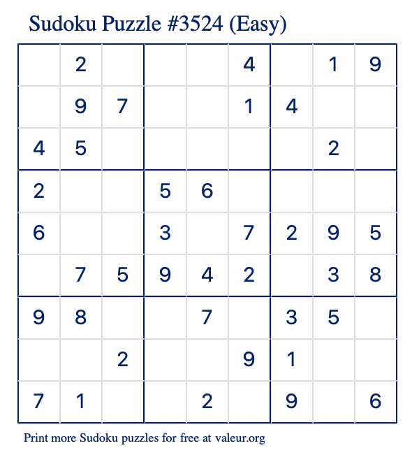 Free Printable Easy Sudoku Puzzle number 3524