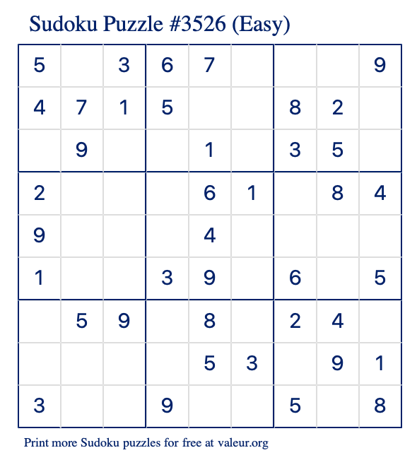 Free Printable Easy Sudoku Puzzle number 3526