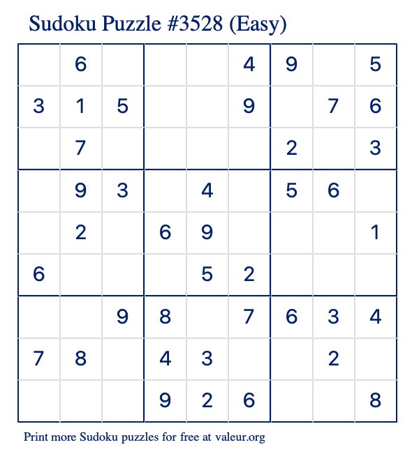 Free Printable Easy Sudoku Puzzle number 3528