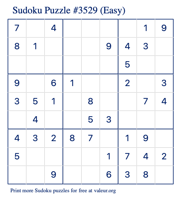 Free Printable Easy Sudoku Puzzle number 3529