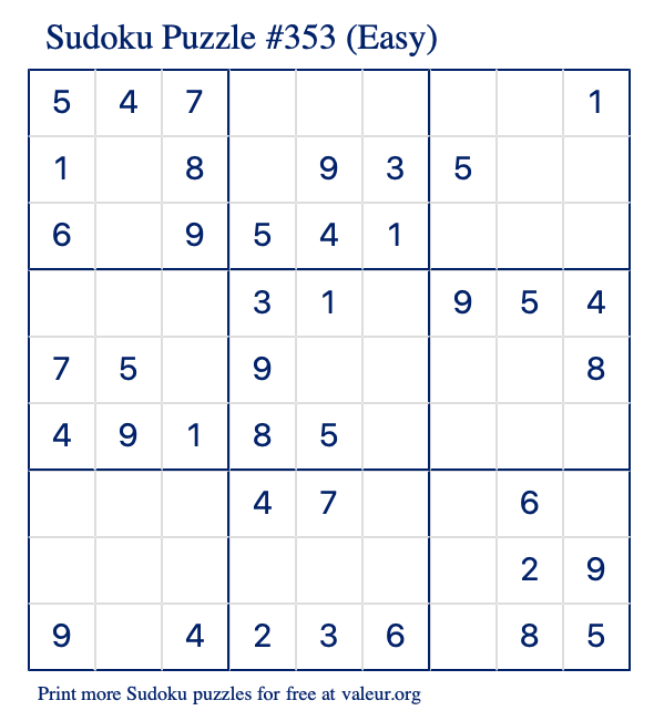 Free Printable Easy Sudoku Puzzle number 353