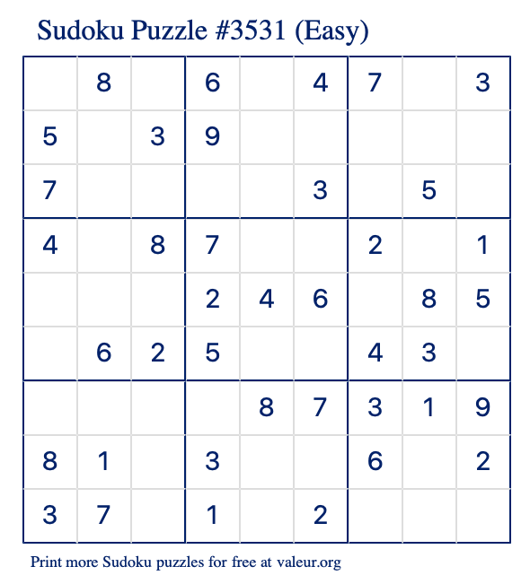 Free Printable Easy Sudoku Puzzle number 3531