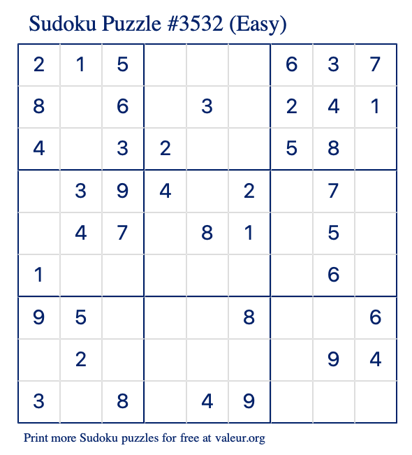 Free Printable Easy Sudoku Puzzle number 3532