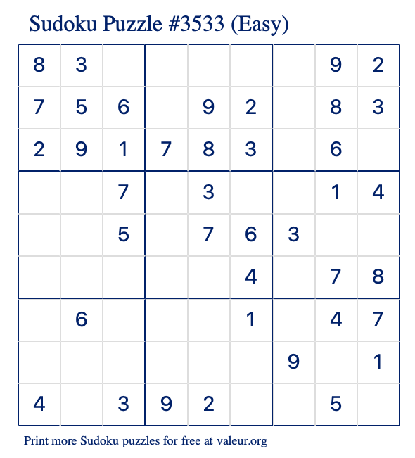 Free Printable Easy Sudoku Puzzle number 3533