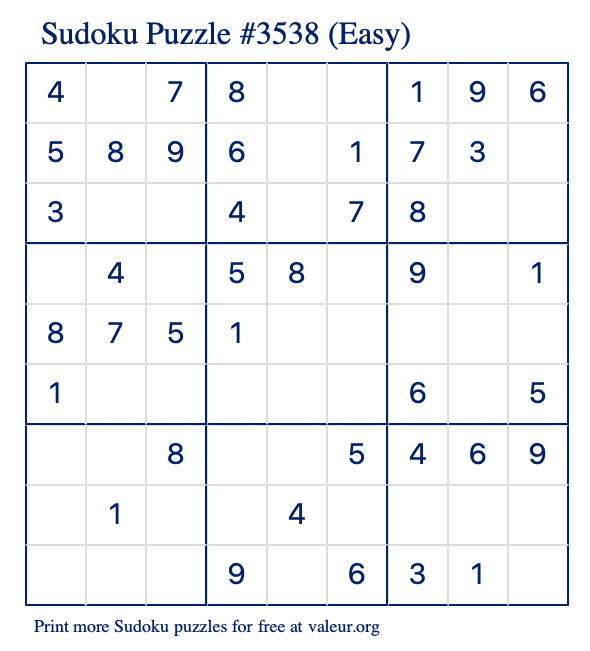 Free Printable Easy Sudoku Puzzle number 3538