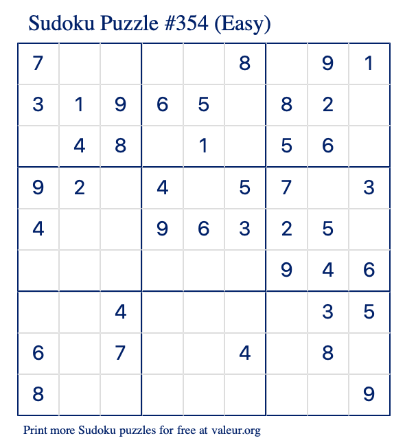 Free Printable Easy Sudoku Puzzle number 354