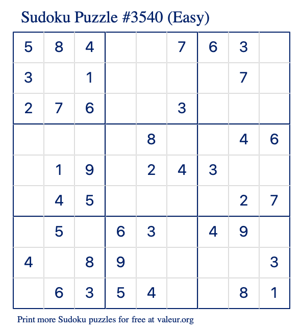 Free Printable Easy Sudoku Puzzle number 3540