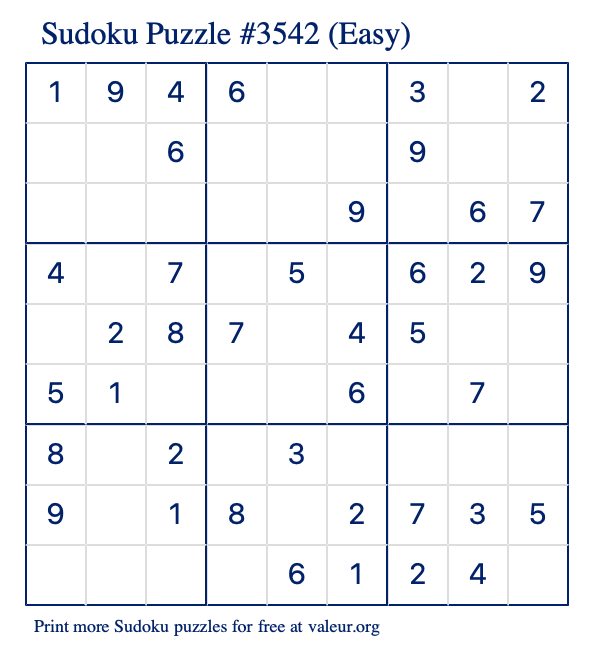 Free Printable Easy Sudoku Puzzle number 3542