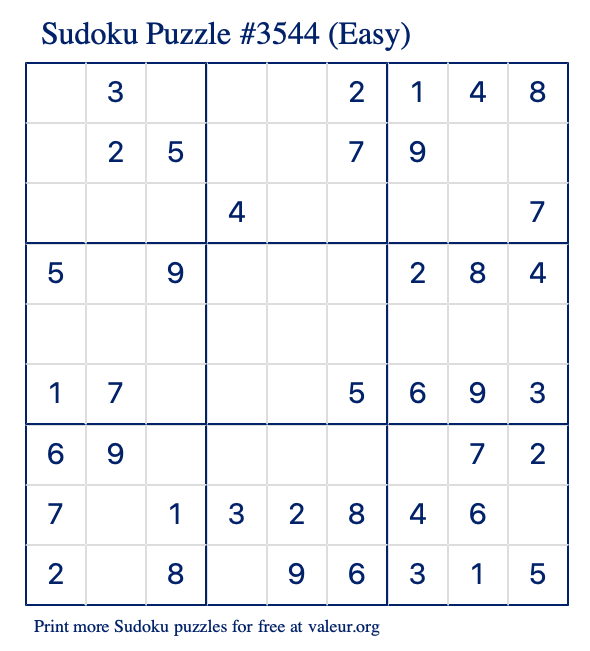 Free Printable Easy Sudoku Puzzle number 3544