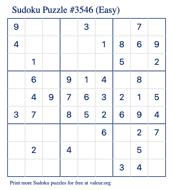 Free Printable Easy Sudoku Puzzle number 3546