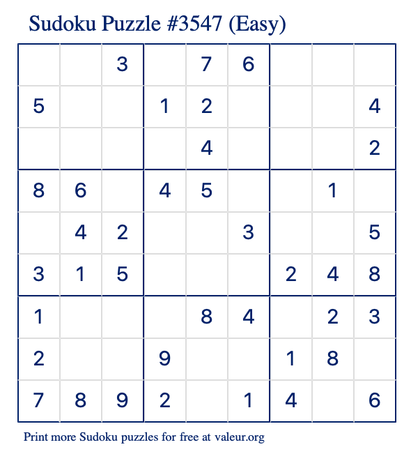 Free Printable Easy Sudoku Puzzle number 3547