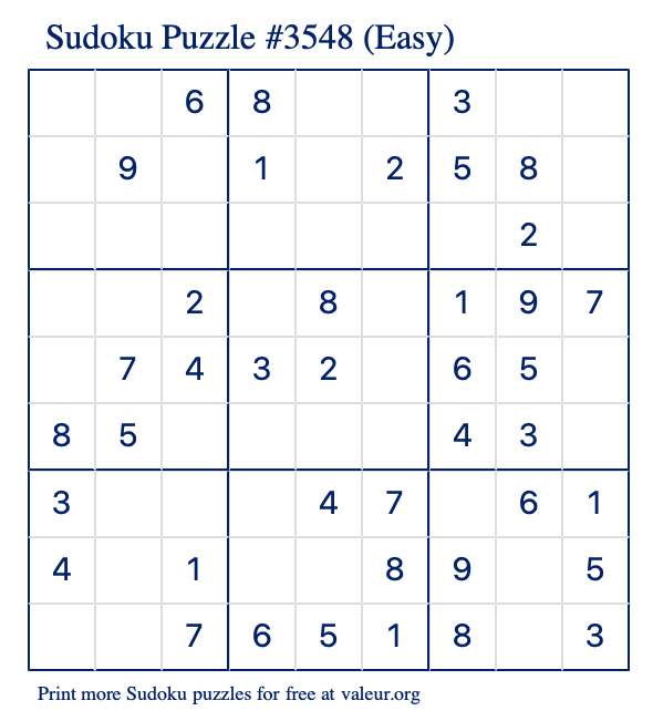 Free Printable Easy Sudoku Puzzle number 3548