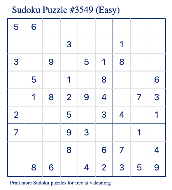 Free Printable Easy Sudoku Puzzle number 3549