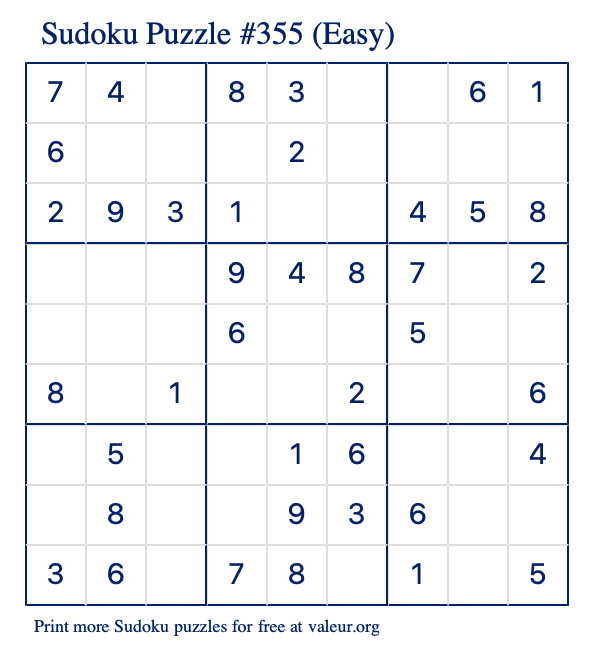 Free Printable Easy Sudoku Puzzle number 355