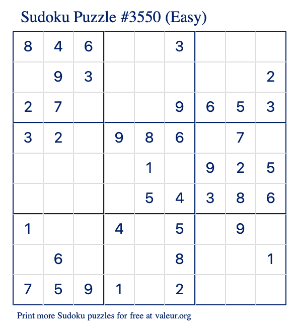Free Printable Easy Sudoku Puzzle number 3550