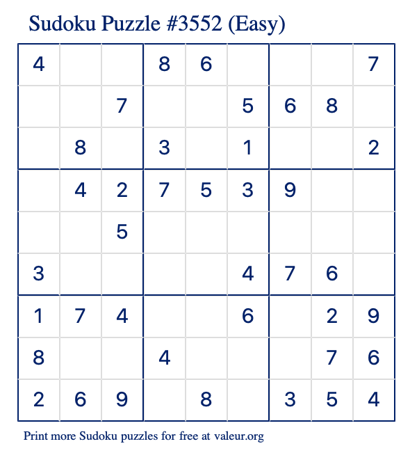 Free Printable Easy Sudoku Puzzle number 3552