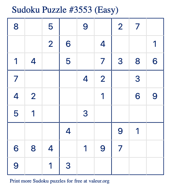 Free Printable Easy Sudoku Puzzle number 3553