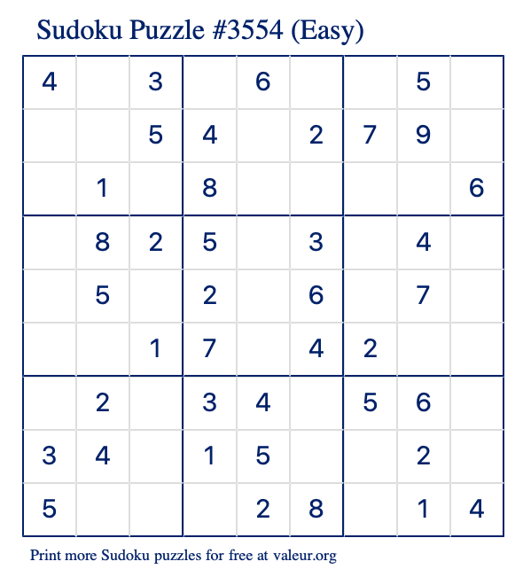 Free Printable Easy Sudoku Puzzle number 3554