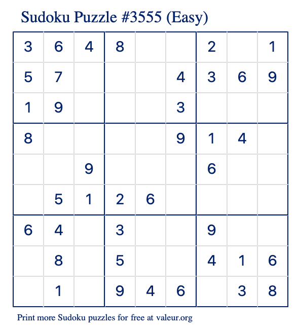Free Printable Easy Sudoku Puzzle number 3555