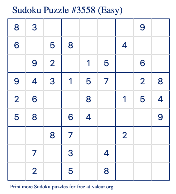 Free Printable Easy Sudoku Puzzle number 3558