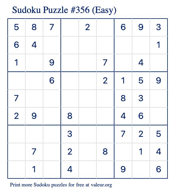 Free Printable Easy Sudoku Puzzle number 356