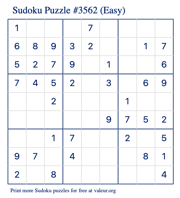 Free Printable Easy Sudoku Puzzle number 3562