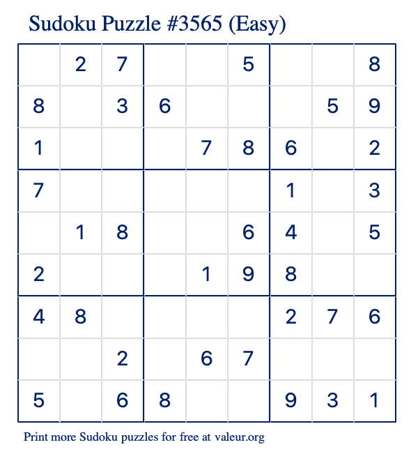 Free Printable Easy Sudoku Puzzle number 3565