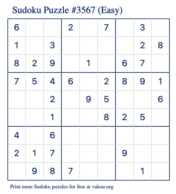 Free Printable Easy Sudoku Puzzle number 3567