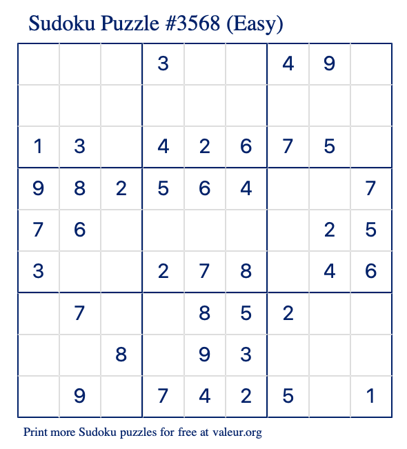 Free Printable Easy Sudoku Puzzle number 3568