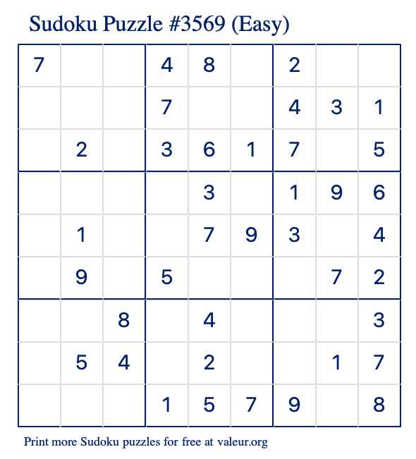 Free Printable Easy Sudoku Puzzle number 3569