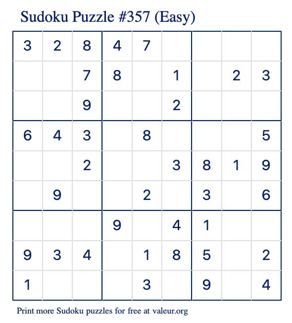 Free Printable Easy Sudoku Puzzle number 357