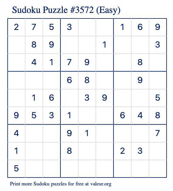 Free Printable Easy Sudoku Puzzle number 3572