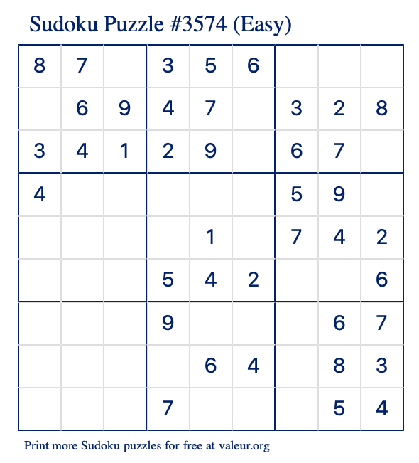 Free Printable Easy Sudoku Puzzle number 3574