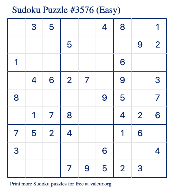 Free Printable Easy Sudoku Puzzle number 3576