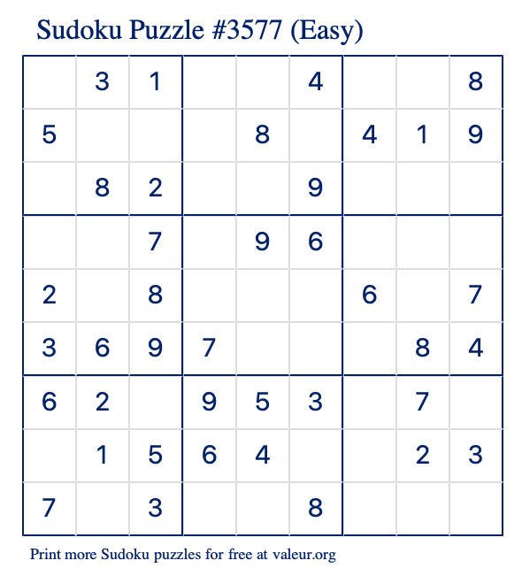 Free Printable Easy Sudoku Puzzle number 3577
