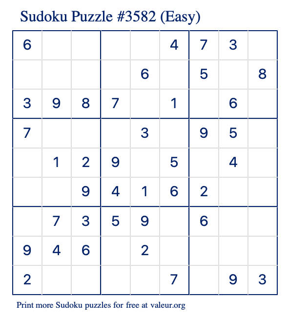 Free Printable Easy Sudoku Puzzle number 3582