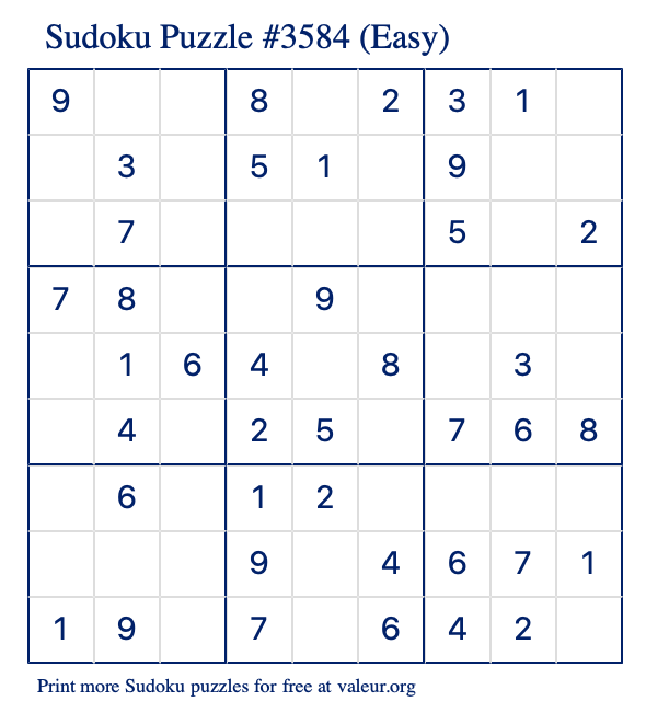 Free Printable Easy Sudoku Puzzle number 3584