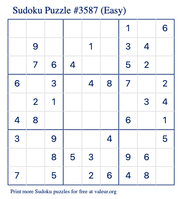 Free Printable Easy Sudoku Puzzle number 3587