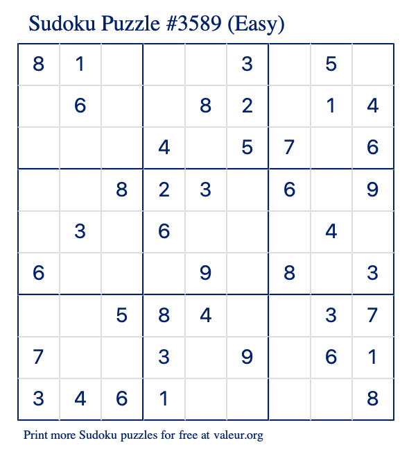 Free Printable Easy Sudoku Puzzle number 3589