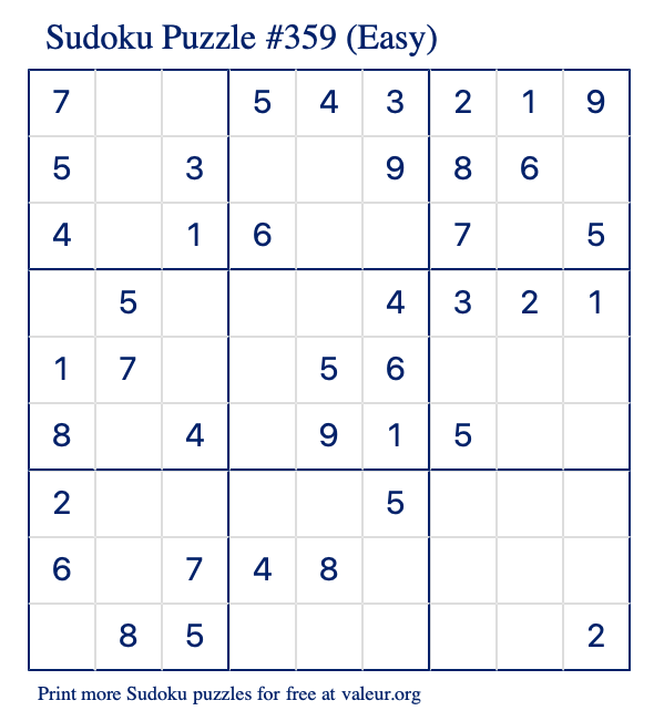 Free Printable Easy Sudoku Puzzle number 359