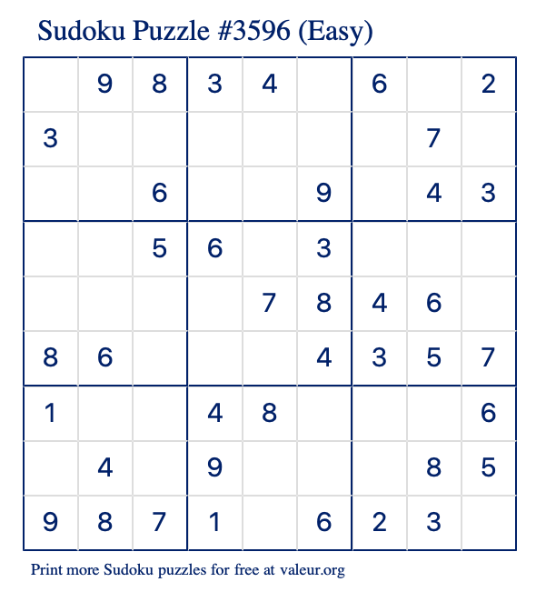 Free Printable Easy Sudoku Puzzle number 3596