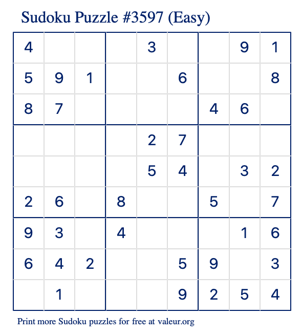 Free Printable Easy Sudoku Puzzle number 3597