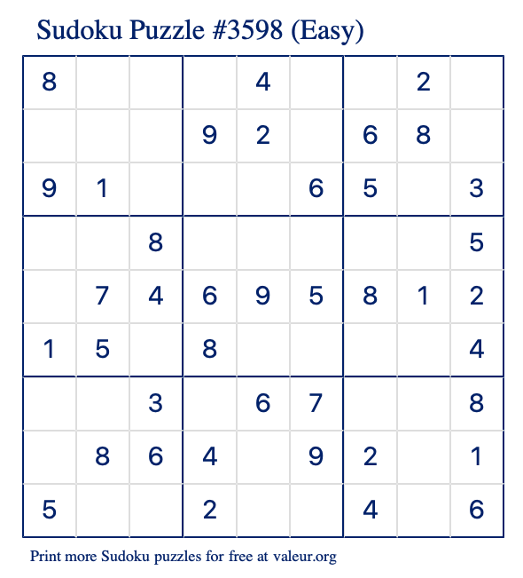 Free Printable Easy Sudoku Puzzle number 3598