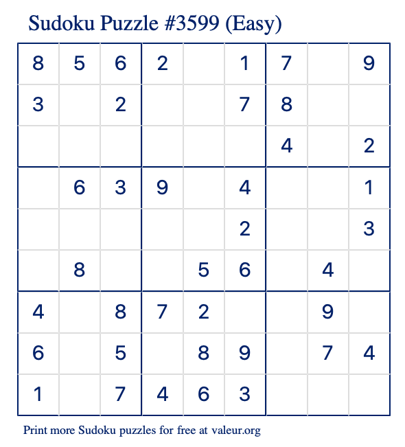 Free Printable Easy Sudoku Puzzle number 3599