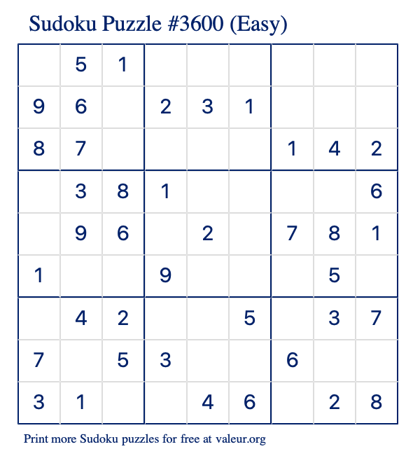 Free Printable Easy Sudoku Puzzle number 3600