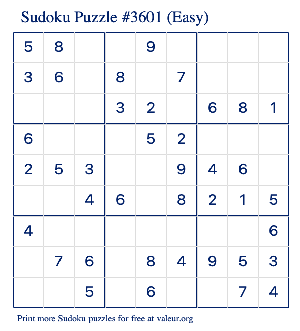 Free Printable Easy Sudoku Puzzle number 3601