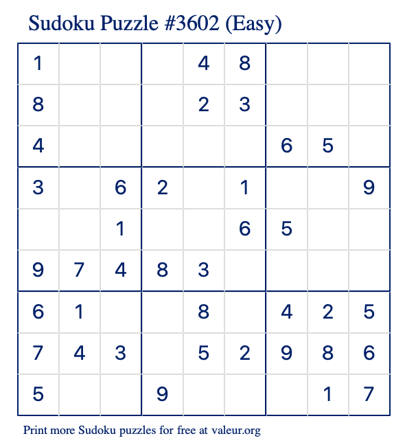 Free Printable Easy Sudoku Puzzle number 3602