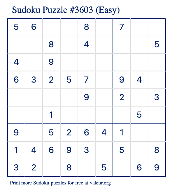 Free Printable Easy Sudoku Puzzle number 3603