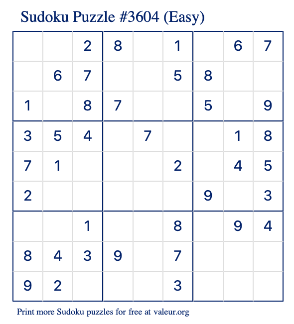 Free Printable Easy Sudoku Puzzle number 3604