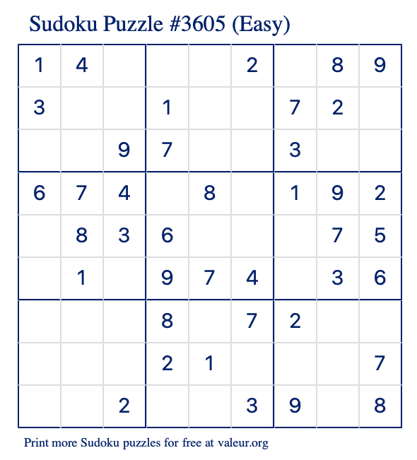 Free Printable Easy Sudoku Puzzle number 3605